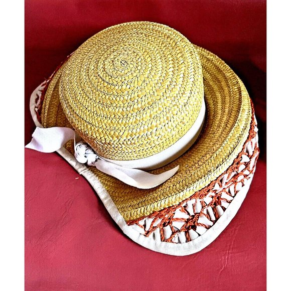 Audrey Hepburn Sun Hat Italy 70s Vintage Straw Wicker Woven Crochet Ribbon Brim main image 12